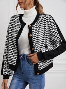 SHEIN Unity Houndstooth Print Drop Shoulder Tweed Overcoat - Black and White - View 3