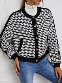 SHEIN Unity Houndstooth Print Drop Shoulder Tweed Overcoat - Black and White - View 4