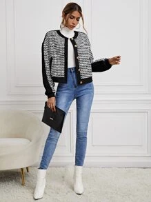 SHEIN Unity Houndstooth Print Drop Shoulder Tweed Overcoat - Black and White - View 5