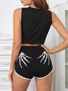 SHEIN SXY Skeleton Print Contrast Binding Shorts - Black - View 5