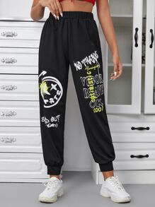 SHEIN EZwear Letter & Expression Print Joggers - Black - View 1