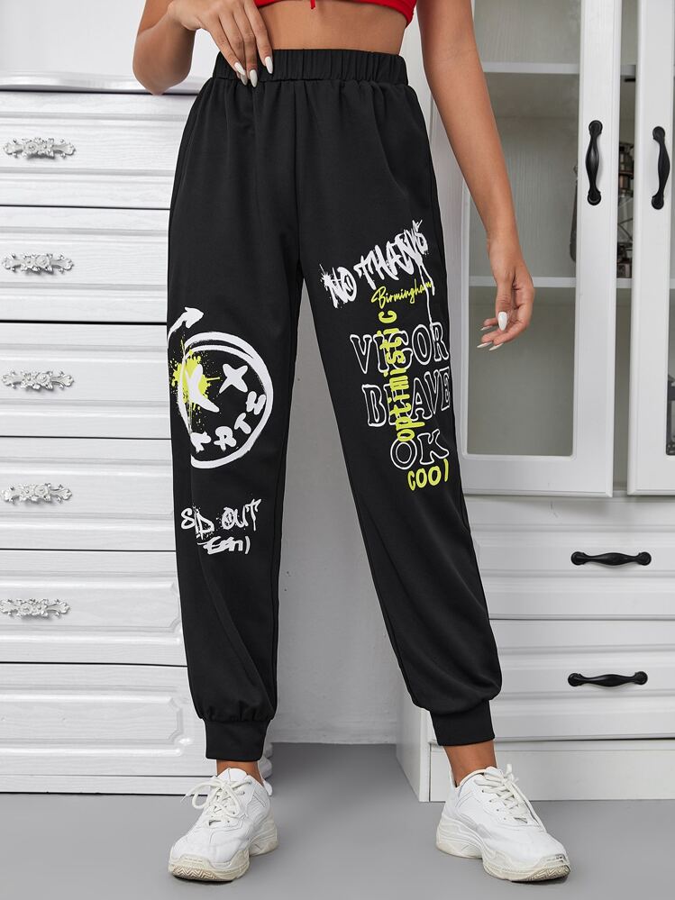 SHEIN EZwear Letter & Expression Print Joggers - Black - View 1