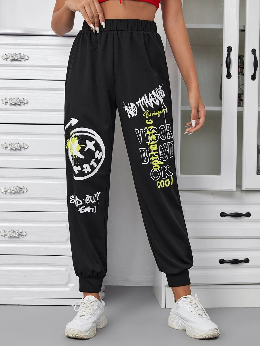 SHEIN EZwear Letter & Expression Print Joggers - Black - View 1