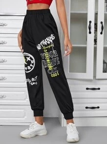 SHEIN EZwear Letter & Expression Print Joggers - Black - View 3