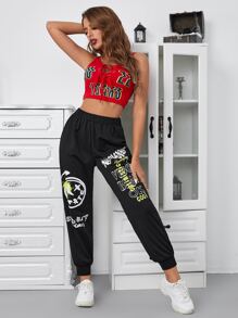 SHEIN EZwear Letter & Expression Print Joggers - Black - View 4