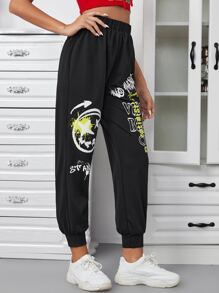 SHEIN EZwear Letter & Expression Print Joggers - Black - View 5