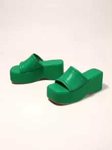 Women's Square Toe Chunky Platform Mules Summer Open Toe Leather Slip-On Sandals, Sexy Casual - Green - View 5