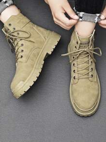 Men Letter Patch Decor Lace-up Front Combat Boots - Khaki - View 1