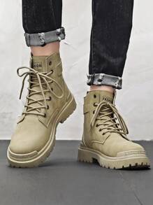Men Letter Patch Decor Lace-up Front Combat Boots - Khaki - View 2