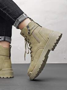 Men Letter Patch Decor Lace-up Front Combat Boots - Khaki - View 3