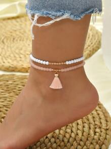 2pcs Bohemia Style Beach Vacation String Beads & Tassel Pendant Women's Anklet Set - Multicolor - View 1