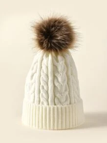 球球裝飾編織細節翻邊豆豆帽 - 白色 - 查看 3