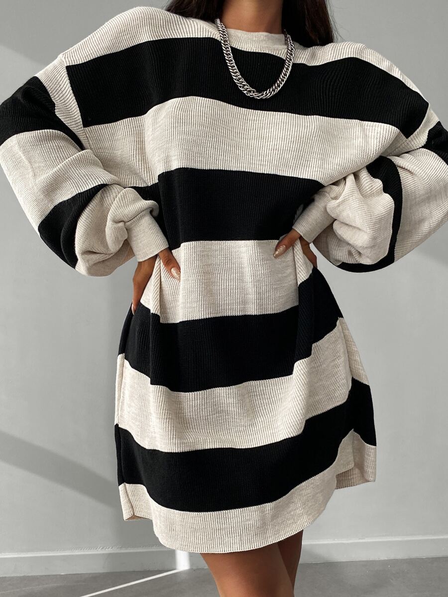 EURMUSE Striped Drop Shoulder Sweater Dress - Nhiều màu - Xem 1