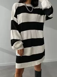 EURMUSE Striped Drop Shoulder Sweater Dress - Nhiều màu - Xem 4