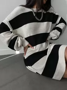 EURMUSE Striped Drop Shoulder Sweater Dress - Nhiều màu - Xem 6