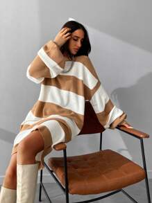 Striped Drop Shoulder Sweater Dress - Khaki - View 1