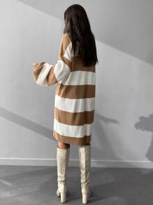 Striped Drop Shoulder Sweater Dress - Khaki - View 2