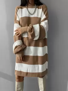 Striped Drop Shoulder Sweater Dress - Khaki - View 5