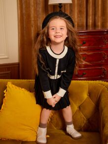 Young Girl Contrast Trim Pleated Sweater Dress - Black - View 5