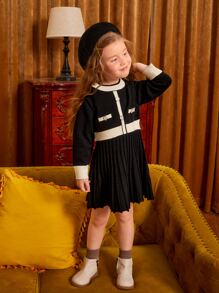 Young Girl Contrast Trim Pleated Sweater Dress - Black - View 6