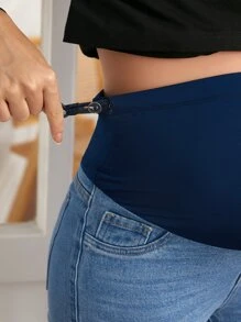 SHEIN Maternity Adjustable Elastic Waist Bleach Wash Straight Leg Jeans - Medium Wash - View 4