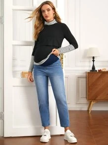 SHEIN Maternity Adjustable Elastic Waist Bleach Wash Straight Leg Jeans - Medium Wash - View 5