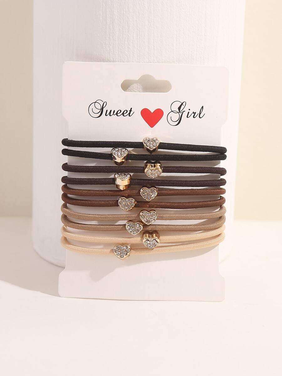 10pcs Rhinestone Detail Heart Decor Hair Tie Party Valentine's Day Valentines Ponytail Holders Hair Elastics Hair Rubber Bands Scrunchies Hair Rope Elastic Hair Tie, Hair Bobbles Hair Accessories Head Accessories - Multicolor - View 1