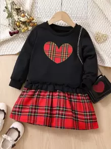 小女童愛心圖案蘇格蘭格紋拼接假兩件衛衣洋裝 - 彩色 - 查看 1