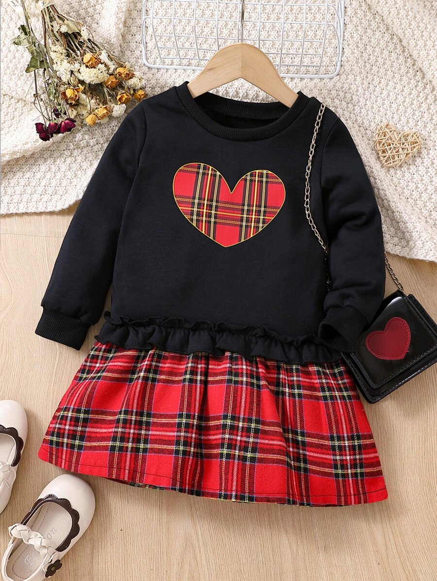 小女童愛心圖案蘇格蘭格紋拼接假兩件衛衣洋裝 - 彩色 - 查看 1