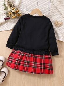 小女童愛心圖案蘇格蘭格紋拼接假兩件衛衣洋裝 - 彩色 - 查看 2