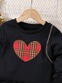 小女童愛心圖案蘇格蘭格紋拼接假兩件衛衣洋裝 - 彩色 - 查看 6