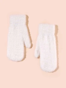 Solid Fluffy Gloves - White - View 2