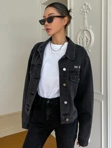 DAZY Áo khoác & áo khoác denim nữ Túi Nút phía trước Lá thư Giải trí - màu đen - Xem 3