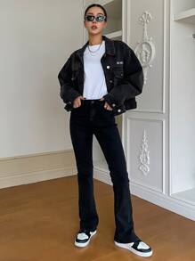 DAZY Áo khoác & áo khoác denim nữ Túi Nút phía trước Lá thư Giải trí - màu đen - Xem 2