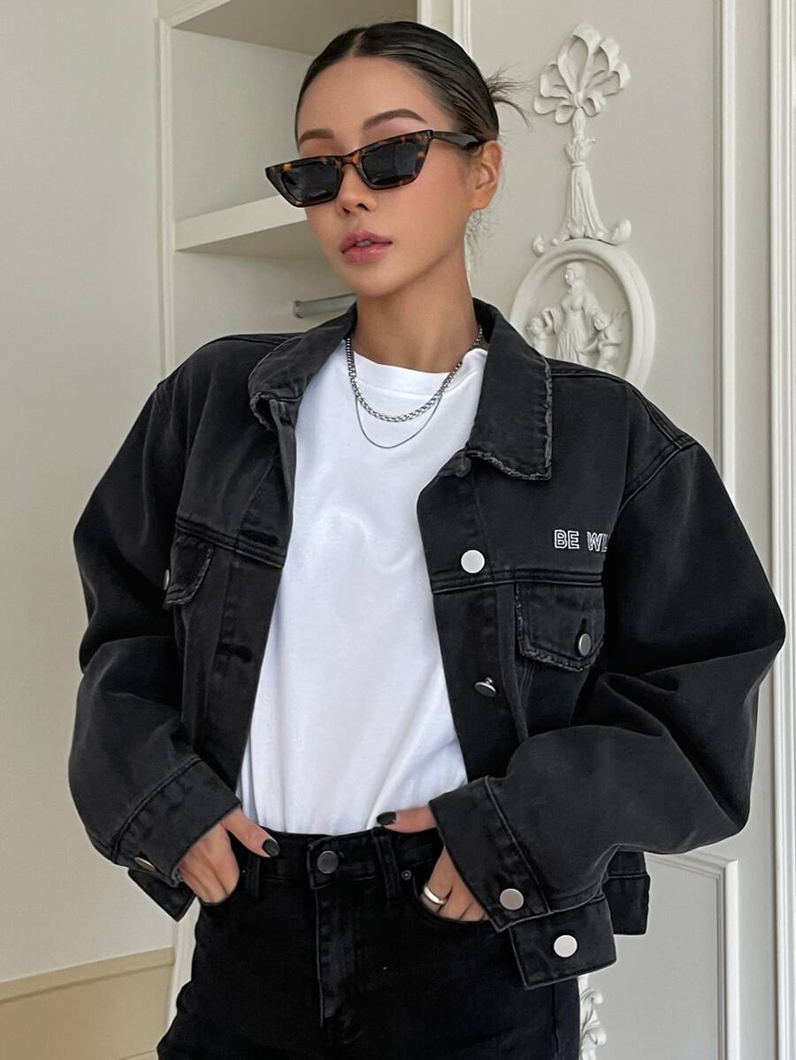 DAZY Áo khoác & áo khoác denim nữ Túi Nút phía trước Lá thư Giải trí - màu đen - Xem 1