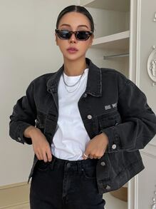 DAZY Áo khoác & áo khoác denim nữ Túi Nút phía trước Lá thư Giải trí - màu đen - Xem 4