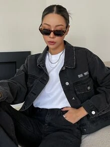 DAZY Áo khoác & áo khoác denim nữ Túi Nút phía trước Lá thư Giải trí - màu đen - Xem 6