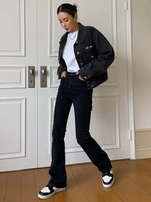 DAZY Áo khoác & áo khoác denim nữ Túi Nút phía trước Lá thư Giải trí - màu đen - Xem 7