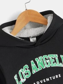 SHEIN 男童字母图案贴片细节保暖卫衣 - 黑色 - 查看 3