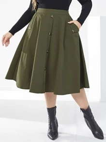 Mulvari 大碼高腰假鈕扣半身裙 - 軍綠色 - 查看 1