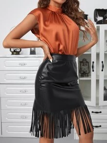 SHEIN Privé Tie Back Satin Top & Fringe Hem Skirt - Black - View 5