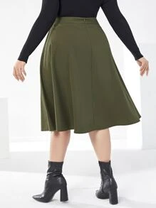 Mulvari 大碼高腰假鈕扣半身裙 - 軍綠色 - 查看 2