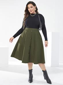 Mulvari 大碼高腰假鈕扣半身裙 - 軍綠色 - 查看 3