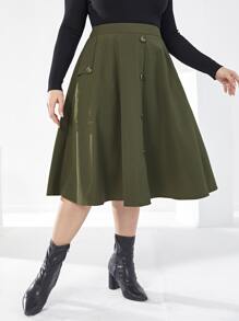 Mulvari 大碼高腰假鈕扣半身裙 - 軍綠色 - 查看 6