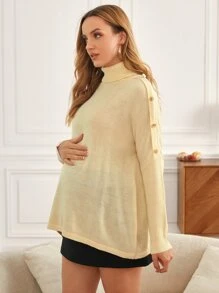 SHEIN Áo len Bà bầu Nút màu trơn Giải trí - Màu vàng - Xem 1