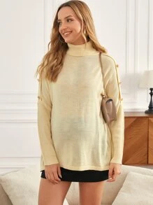 SHEIN Áo len Bà bầu Nút màu trơn Giải trí - Màu vàng - Xem 4