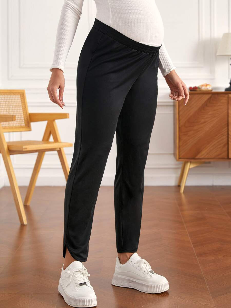 SHEIN Maternity Elastic Waist Split Hem Trousers - Black - View 1