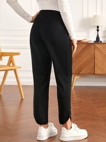 SHEIN Maternity Elastic Waist Split Hem Trousers - Black - View 2