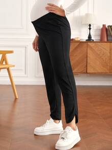 SHEIN Maternity Elastic Waist Split Hem Trousers - Black - View 3