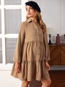 SHEIN Váy Bà bầu Viên lá sen Nút phía trước màu trơn Giải trí - Lạc đà - Xem 4